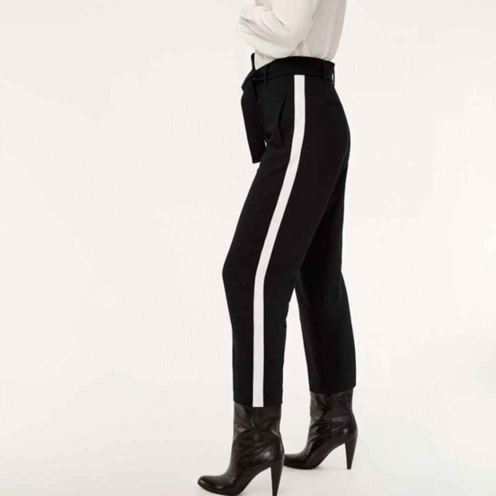 Aritzia Wilfred Jallade Black Crepe Pants Trousers w White Side Stripe & Belt 6